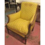 BERGERE, Louis XVI style beechwood in patterned yellow fabric with cushion seat, 83cm W.