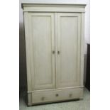 ARMOIRE, 19th century French grey painted with two panelled doors enclosing hanging above a drawer,