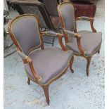 FAUTEUILS, a pair, with carved showframes in grey upholstery with lime piping and backs,