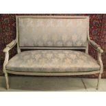 CANAPE, 19th century French and later painted with back, seat and arms in grey damask, 132cm W.