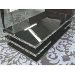 LOW TABLE, black with polished metal detail, originally from Harrods, 70cm D x 35cm H x 130cm W.