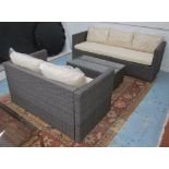 SOFAS, a set of two, weatherproof woven with cushions, 187cm W and 129cm W respectively,