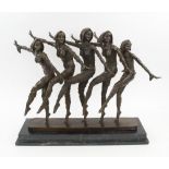 CHORUS LINE BRONZE SCULPTURE, portraying five 1920's dancers, marble base, 47cm H x 55cm max.
