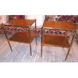 ETAGERES, a pair, 20th century brass and faded brown gilt tooled leather covered shelves,