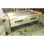 LOW TABLE, Aviator style metal clad with four small drawers below and leather handles, 120.