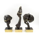 TRIO OF FACES, modernist bronze studies polished metal bases, signed 'Le bao' 57cm, 43cm and 39cm H.