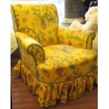 ARMCHAIR, Victorian in yellow animal and plant patterned fabric, 83cm W.