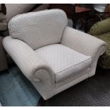 ARMCHAIR, patterned cream fabric with cushion seat, 108cm W.