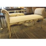 WINDOW SEAT, Louis XV style parcel gilt scroll framed and newly upholstered in antique French linen,