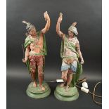 FIGURATIVE TABLE LAMPS, a companion pair depicting Indian brave squaw, painted cast metal,