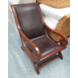 ARMCHAIR, Colonial style hardwood with stitched brown leather seat and back, 61cm W.