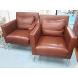 ARMCHAIRS, a pair, by Walter Knoll in stitched conker brown leather with rounded arms,