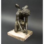 GRAND TOUR STYLE BRONZE, study of a kneeling winged boy, marble base, 23cm H overall.