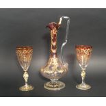 VENETIAN COLOURED GLASS DECANTER, shades of rose pink with gilt and enamel decoration,