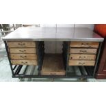 WORK BENCH, vintage aluminium topped and iron with nine drawers and castors,
