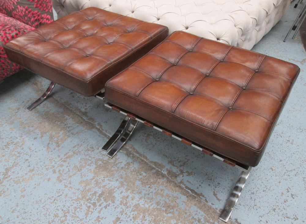 FOOTSTOOLS, a pair, Mies Van Der Rohe style buttoned tan leather and 'X' chrome supports,