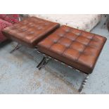 FOOTSTOOLS, a pair, Mies Van Der Rohe style buttoned tan leather and 'X' chrome supports,
