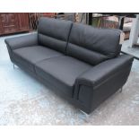 SOFA, three seater, black leather with faux leather backing, 202cm L x 87cm D x 90cm H.