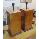 CERAMIC TABLE LAMPS, a pair, rectangular form on raised metal bases, 65cm H.