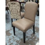 CHAIRS, a set of six, raw sienna leather upholstered, with fabric back in floral suggestions,