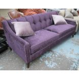 SOFA, large two seater, with single row button on inside back in purple fabric with wooden frame,
