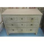 COMMODE, early 19th century French traditionally grey painted with three long drawers,