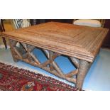 LOW TABLE, rustic birch bark, square, with conforming sides and supports, 45cm H x 110cm.