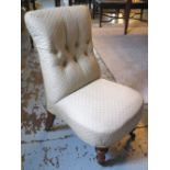 NURSING CHAIR, Victorian walnut and pale brocade upholstered with turned supports, 46cm W.