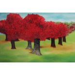 NGUYEN CHI, Red Trees, painted lacquer panel, 90cm x 120cm.