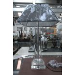 TABLE LAMP, circular, in crystal on a square base with shade, 83cm H.