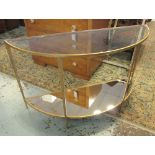 DEMI-LUNE CONSOLE TABLE, gilt metal framed two tier with a glass top above and mirrored one below,