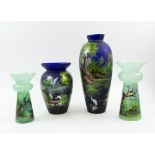 STUDIO GLASS VASES, four various decorated Oriental landscape, signed, largest 38cm H.