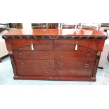 COMMODE, Continental style burr veneered with eight drawers flanked by pilasters,