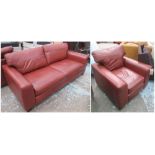 HEALS SETTEE, three seater, in tanned leather on square supports, 205cm L, and a Heals armchair,