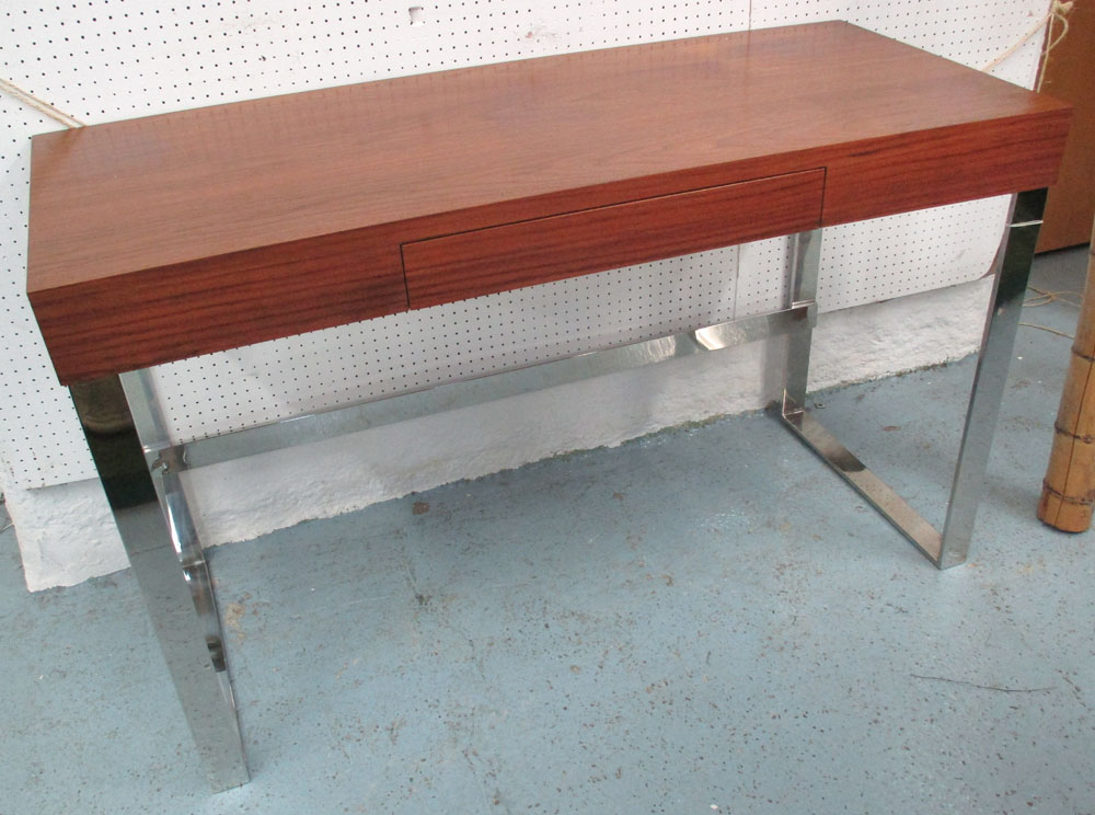 CONSOLE TABLE, 1970's Norwegian style walnut with drawer and chrome supports,