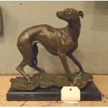 ANIMALIER BRONZE SCULPTURE, study of a whippet, 33cm L x 29cm H on marble slab base.