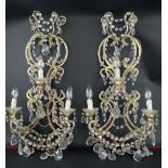 WALL LIGHTS, a pair, mid 20th century gilt metal and glass, each with three lights,