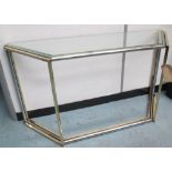 CONSOLE TABLE, 1970's, chrome and brass angular framed with glass top, 115cm x 35cm D x 76cm H.
