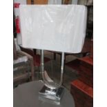 TABLE LAMPS, a pair, in chromed metal finish with shades, 76cm H.