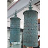 STORM LANTERNS, a set of four, in distressed vintage French blue finish, 24cm x 68cm.