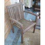 GARDEN CHAIRS, weathered teak, a set of eight, with arms, stacking, 60cm x 54cm x 92cm H.