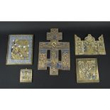 COLLECTION OF ICONS, five various, brass with coloured enamel highlights.