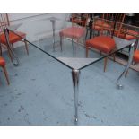 DINING TABLE, rectangular glass top with scrolling aluminium legs, 185cm x 105cm x 80cm H.