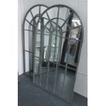 GARDEN MIRRORS, a pair, grey metal vintage finish with domed tops, 72cm x 119cm.