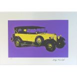 ANDY WARHOL, 'Antique car' purple and yellow lithograph signed, 40cm x 30.5cm framed.