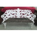 GARDEN BENCH, Coalbrookdale style white painted metal, fern design, wooden slatted seat,