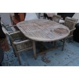 GARDEN TABLE AND FOUR CHAIRS, weathered teak, chairs stacking, 174cm x 120cm W.