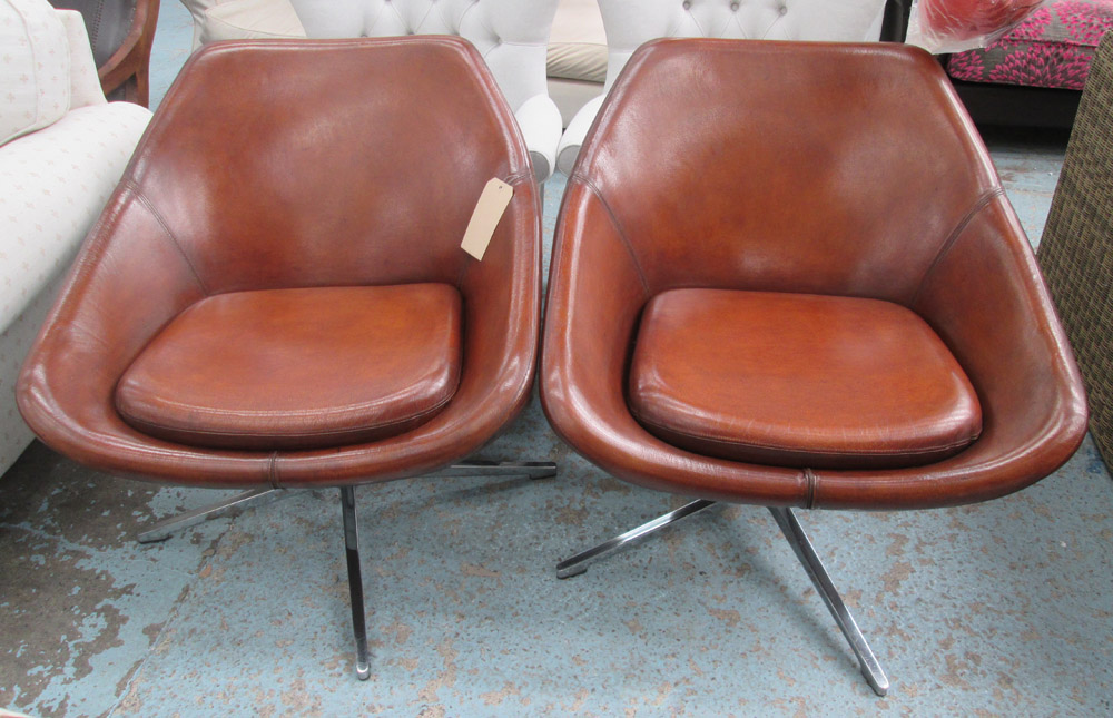 ARMCHAIRS, a pair, tulip style and tan brown leather upholstered,