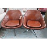 ARMCHAIRS, a pair, tulip style and tan brown leather upholstered,