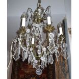 CHANDELIER, brass frame with glass droplets, 60cm H x 43cm W.